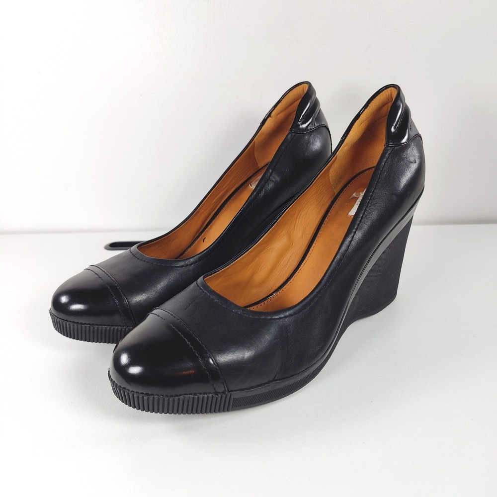 GEOX Respira Black Leather Cap Toe Wedge Pumps EU 40 D34P3D Modern Classic US 9
